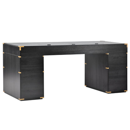 70" Traditional Executive Desk with Metal Trim, 2 File Drawers & USB/Power Outlets – Black