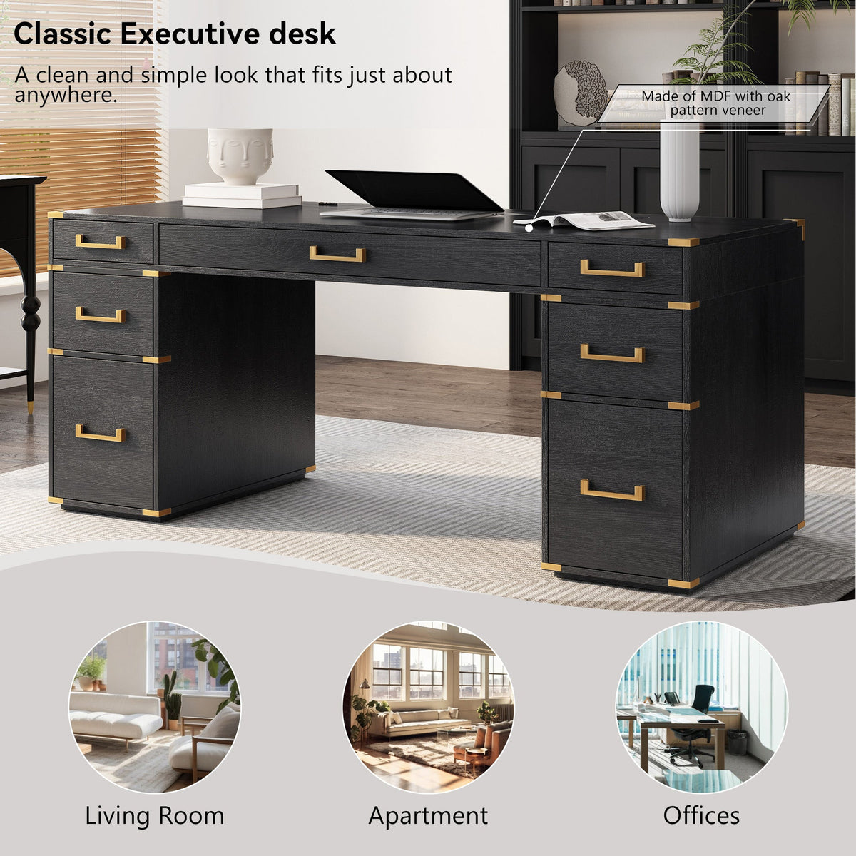 70" Traditional Executive Desk with Metal Trim, 2 File Drawers & USB/Power Outlets – Black