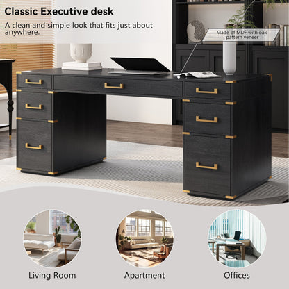 70" Traditional Executive Desk with Metal Trim, 2 File Drawers & USB/Power Outlets – Black