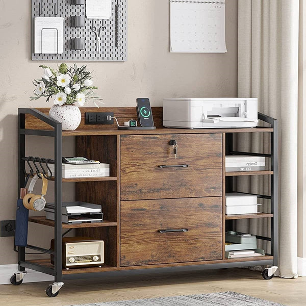 Brown Printer Stand Bookcase Power Station Mobile Office File Cabinet