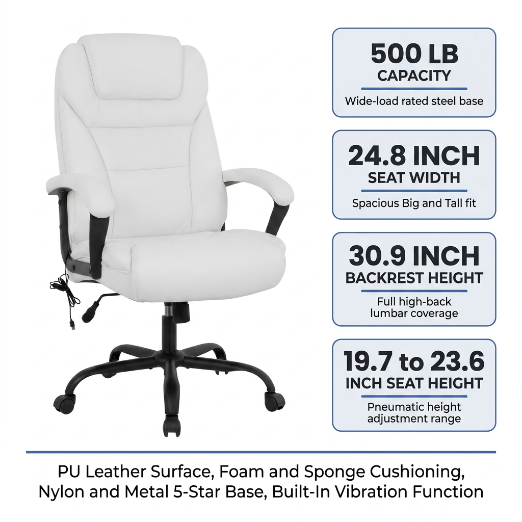 Office Chair Big and Tall 500Lbs Ergonomic Computer Chair High Back PU Leather Wide Seat Desk Chair with Lumbar Support Arms Executive Task Chair for Hone Office,White — Results & Stats