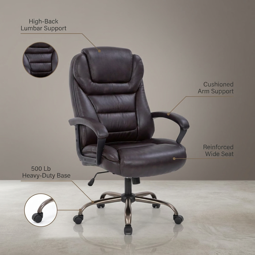 Office Chair Big and Tall 500Lbs Ergonomic Computer Chair High Back PU Leather Wide Seat Desk Chair with Lumbar Support Arms Executive Task Chair for Hone Office,Brown — infographic