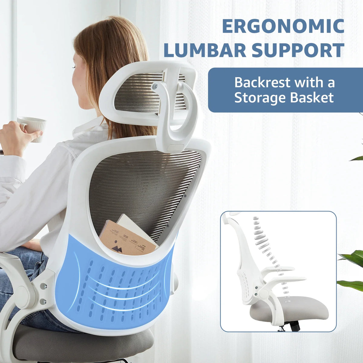 JHK Mesh Office Chair with Flip-Up Arms & Adjustable Headrest