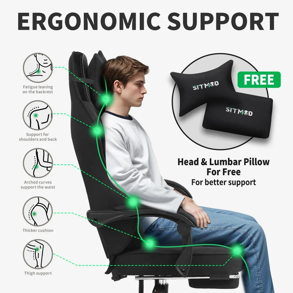 Height-Adjustable Gaming Chair with Footrest, Lumbar Support & Headrest