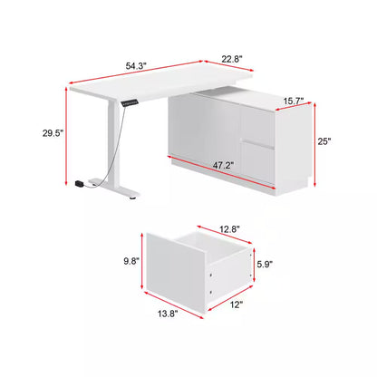54.3 In. W L-Shaped White Writing Desk Adjustable Height Desk Home Office Workstation with Pop-Up Design Cabinet Drawers
