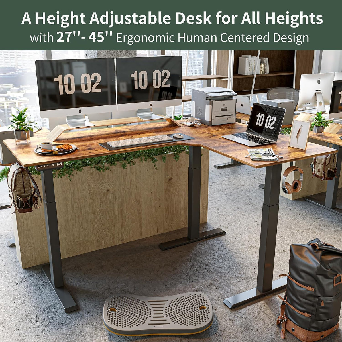 Triple Motor 63" L Shaped Standing Desk, Electric Standing Gaming Desk Adjustable Height, Corner Stand up Desk with Splice Board, Black Frame/Rustic Brown Top