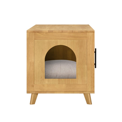 Rubberwood Cat Cabinet with Plush Cushion & Rattan Doors – Natural