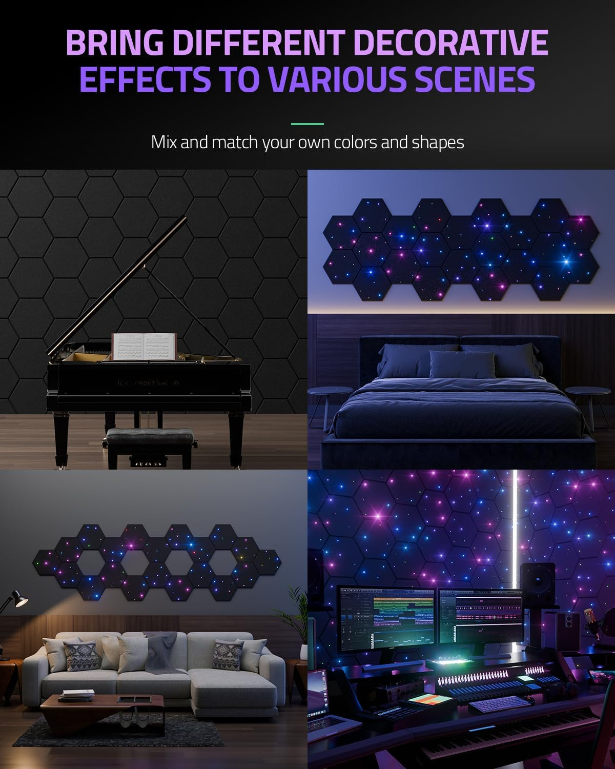 12 Pack Self-Adhesive Sound Proof Foam Panels for Walls 12" X 10" X 0.4" - Hexagon Acoustic Panels with Fiber Optic Starlight, Stylish Soundproof Wall Panels Absorb Noise and Wall Decor Black