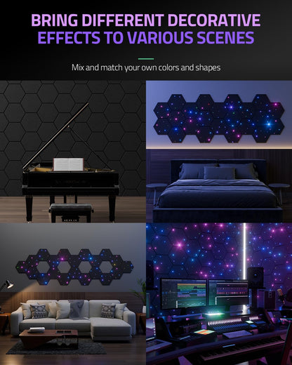 12 Pack Self-Adhesive Sound Proof Foam Panels for Walls 12" X 10" X 0.4" - Hexagon Acoustic Panels with Fiber Optic Starlight, Stylish Soundproof Wall Panels Absorb Noise and Wall Decor Black