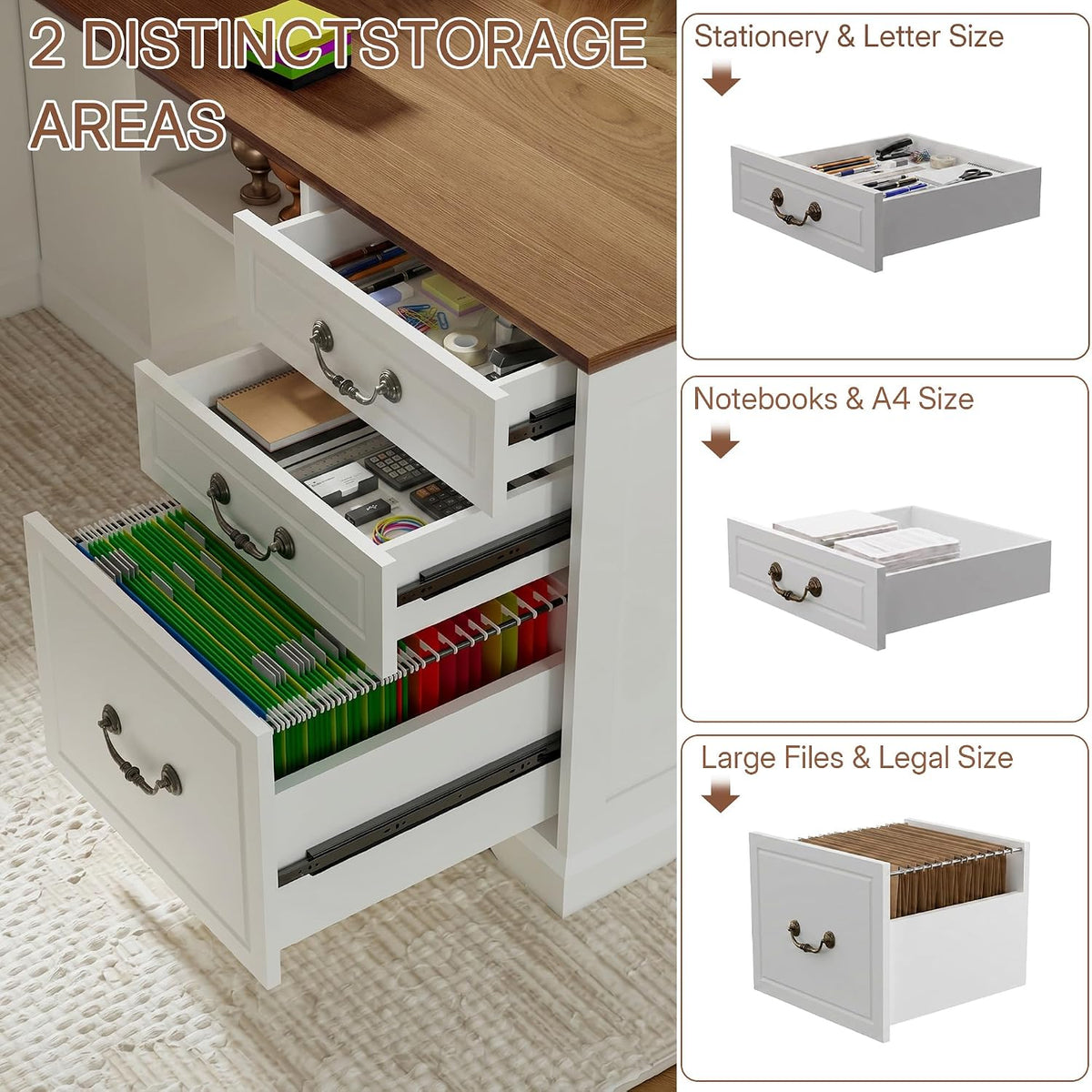 71" L Shaped Executive Desk with File Cabinet Drawers Outlet USB, Height Adjustable Modern Desk Privacy Panel Sit-Stand Workstation for Boss Managers Office Home, Walnut & Antique White