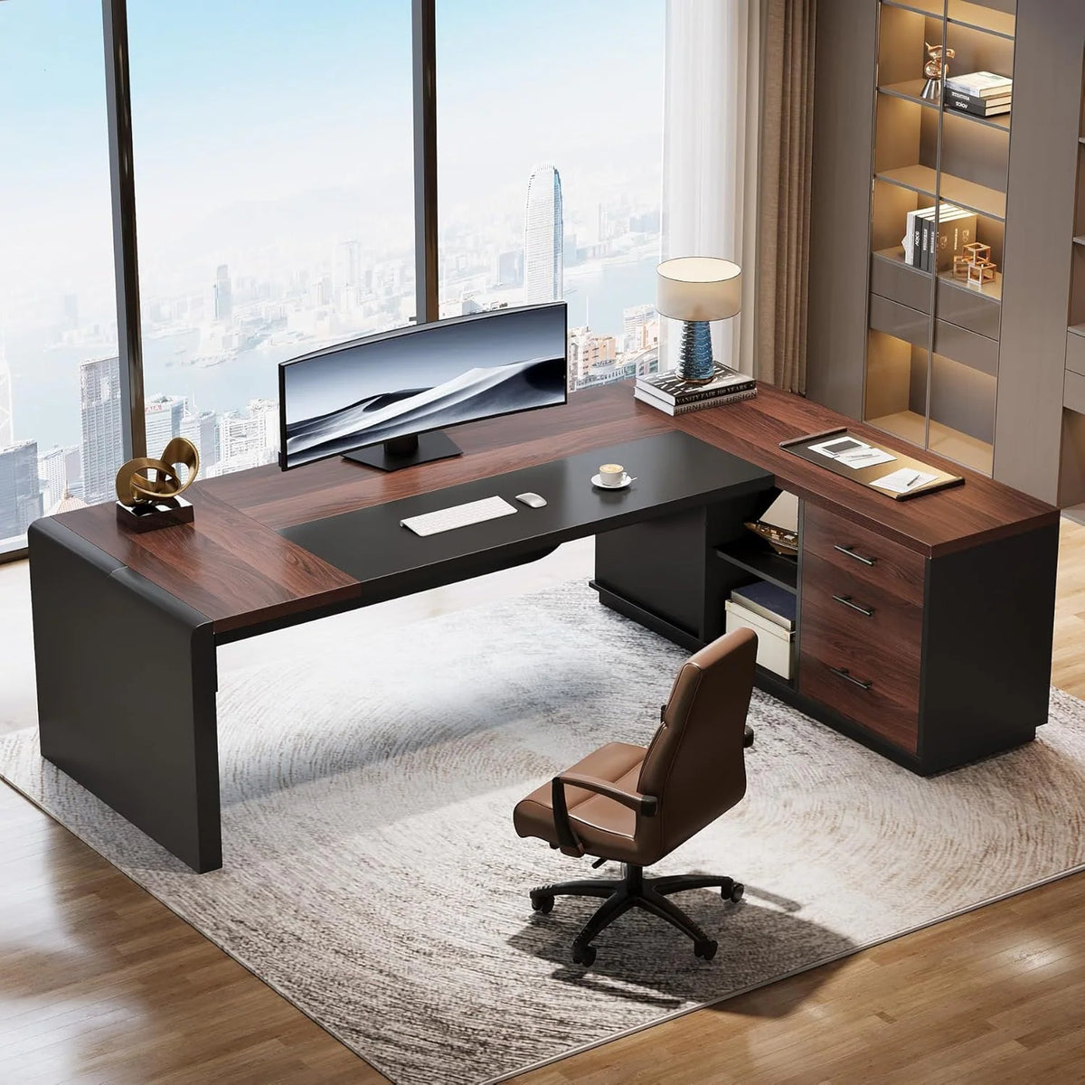 80 Inches Executive Desk, L-Shaped Office Desk with 55 Inches Cabine