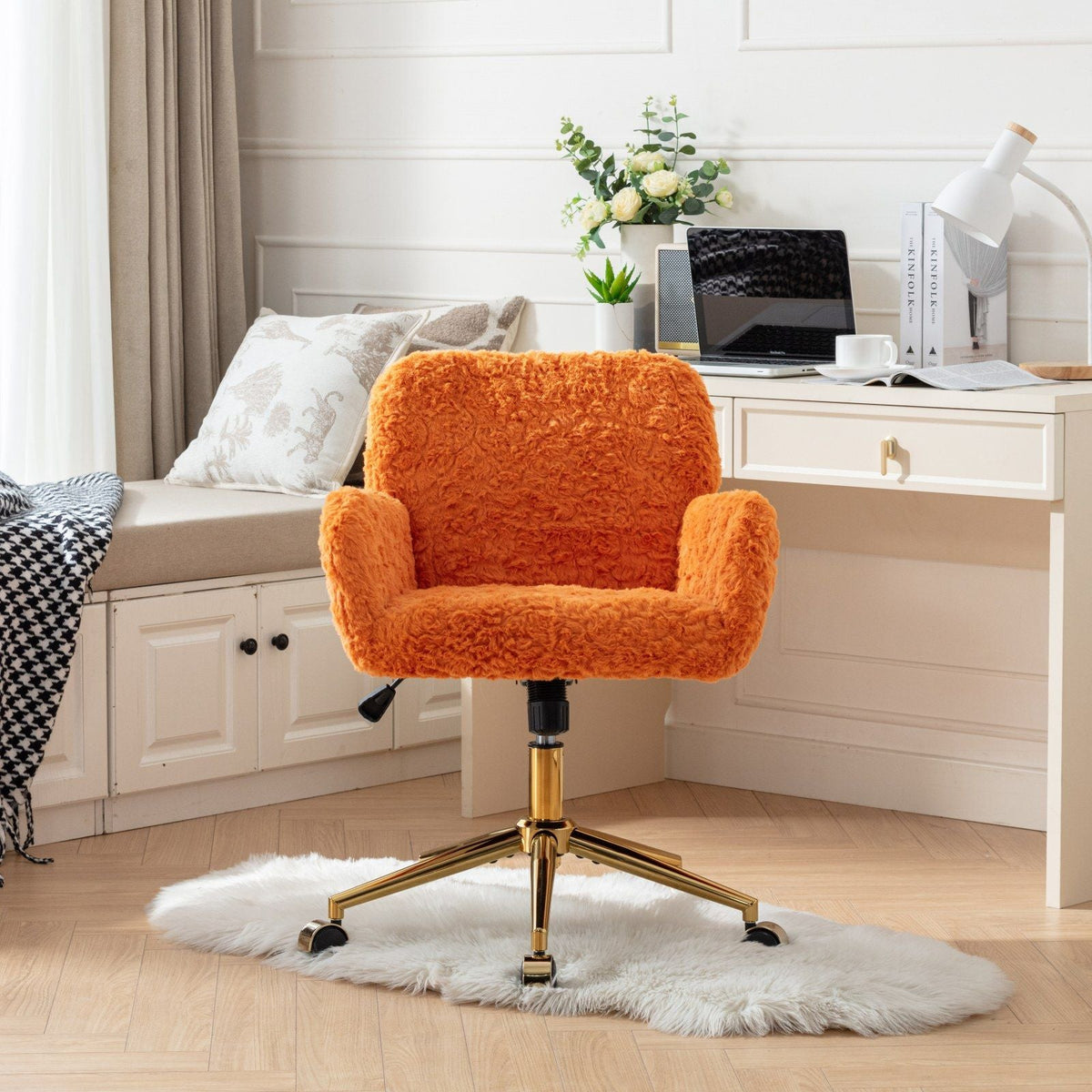 Artificial Rabbit Hair Office Chair with Metal Base - Swivel, Adjustable Height