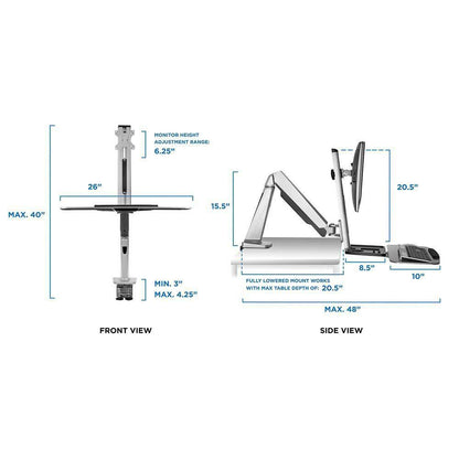 26 In. Silver Workstation for Monitor, Keyboard, Height Adjustable Standing Desk Mount W/Monitor Mount and Keyboard Tray