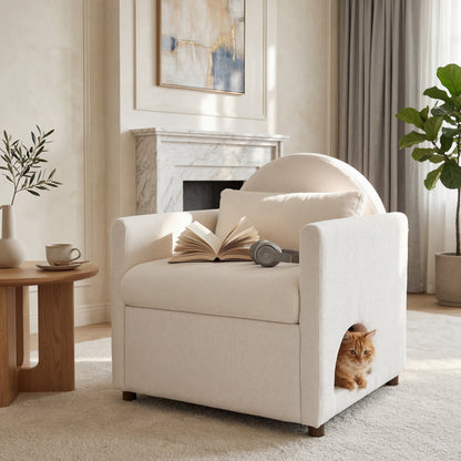 Beige Pet Friendly Accent Chair with Hidden Pet Nook - Acacia Wood