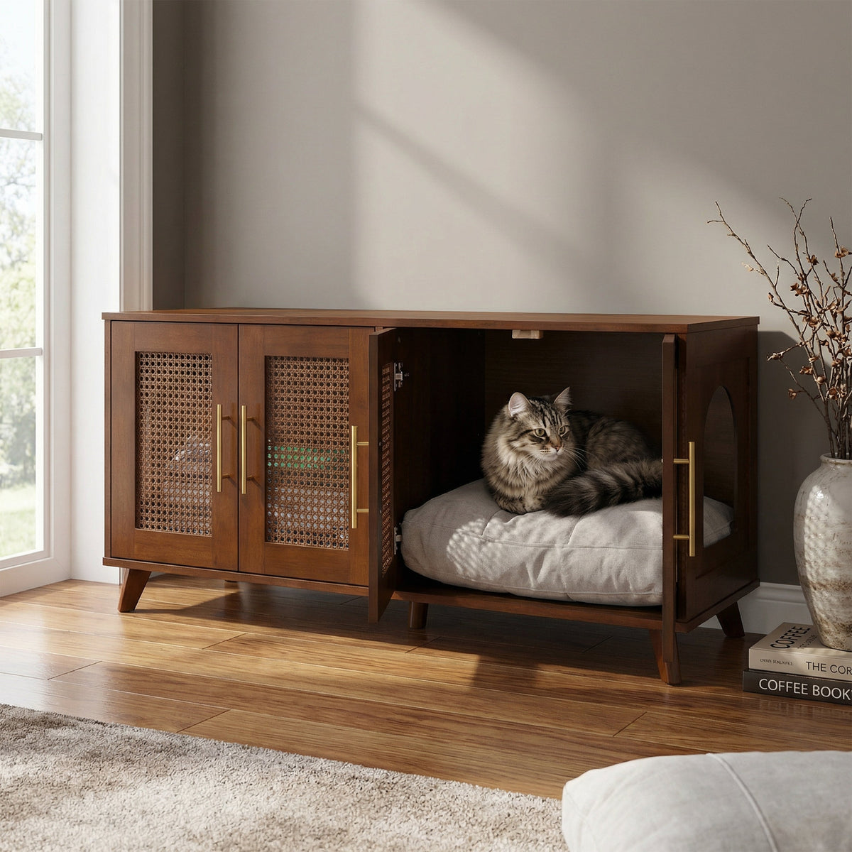 Rubber Wood Cat Cabinet with Cozy Cushion - Natural Finish