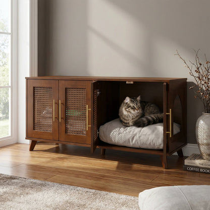 Rubber Wood Cat Cabinet with Cozy Cushion - Natural Finish