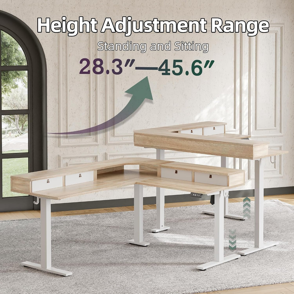 L Shaped 63 X 55 Inch Standing Desk Adjustable Height, Electric Corner Standing Desk with 4 Drawers and Upper Shelf, Sit Stand Computer Table with Splice Board, Maple