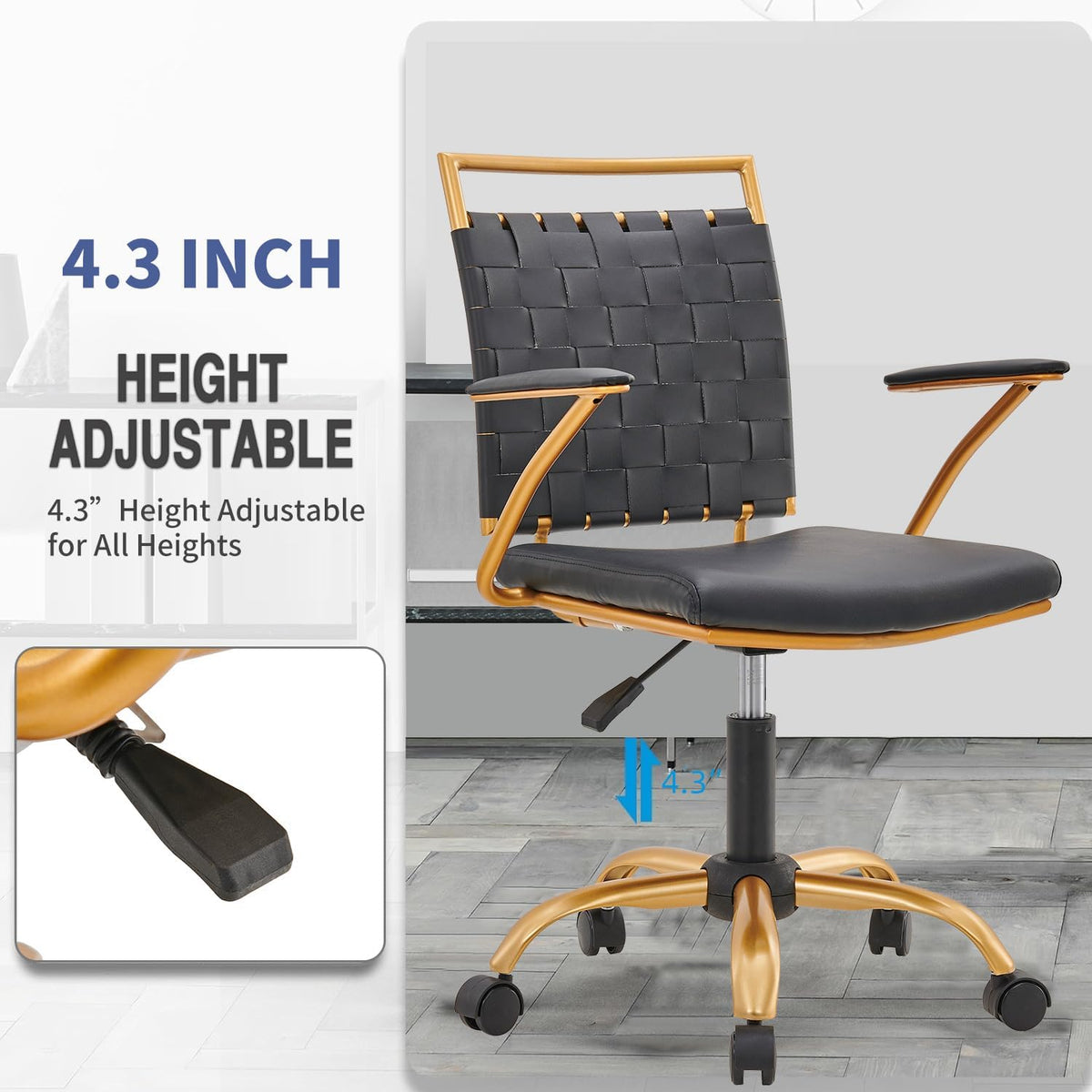 Black and Gold Office Chair, Mid-Back PU Leather Seat