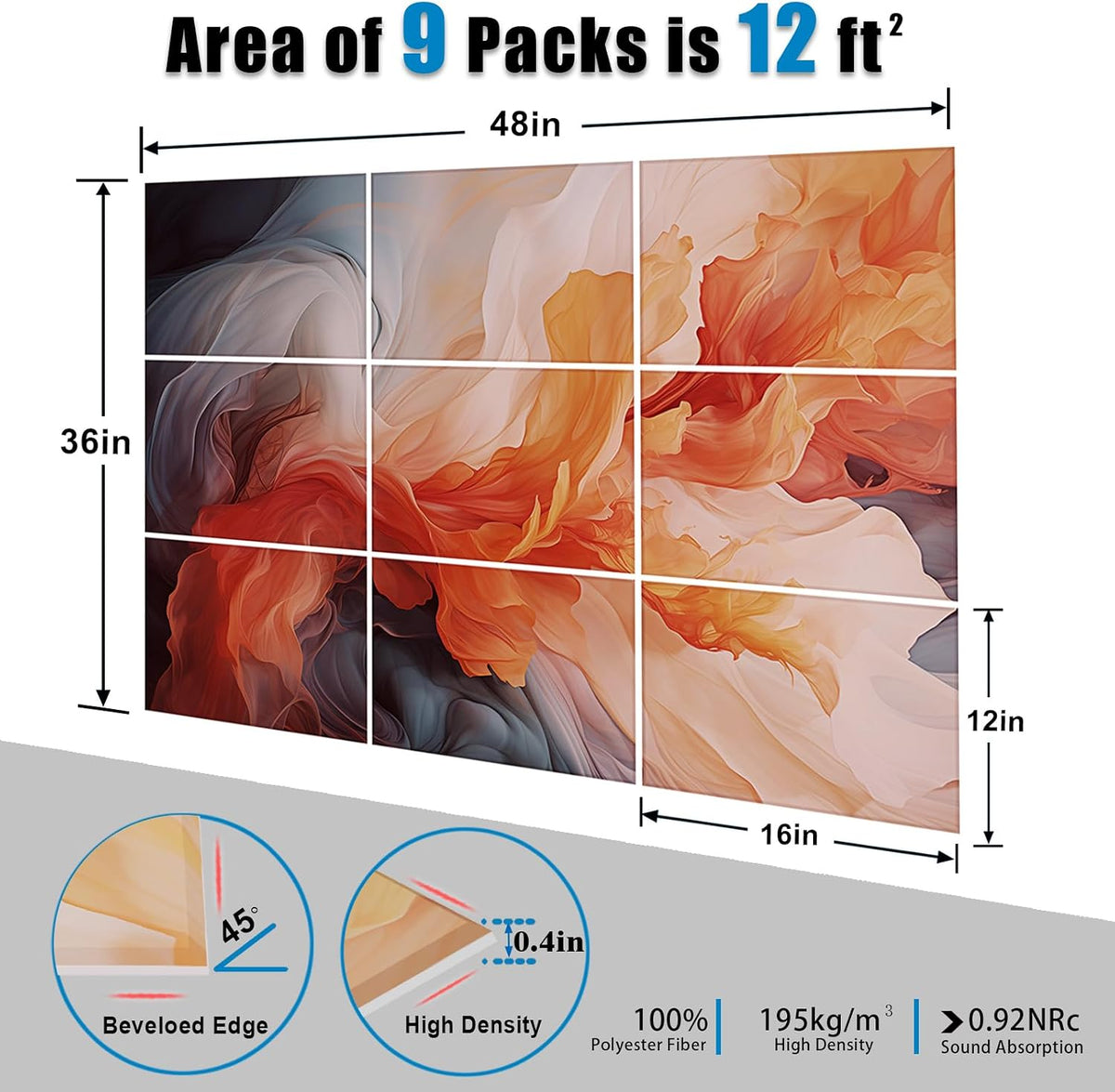 9 Pack Wall Art Acoustic Panels,48" X 36"Sound Absorbing Panels, Decorative Sound Dampening Panels, Acoustic Treatment for Studio Home and Office （Brandish）