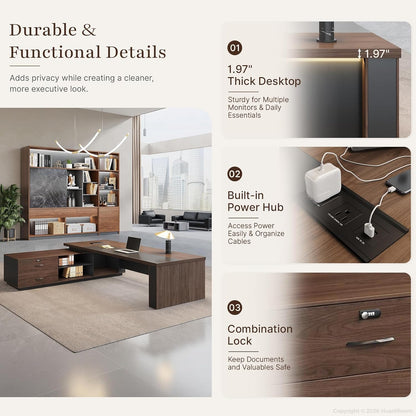 63" Reversible L-Shaped Executive Desk with Power Outlets and Drawers