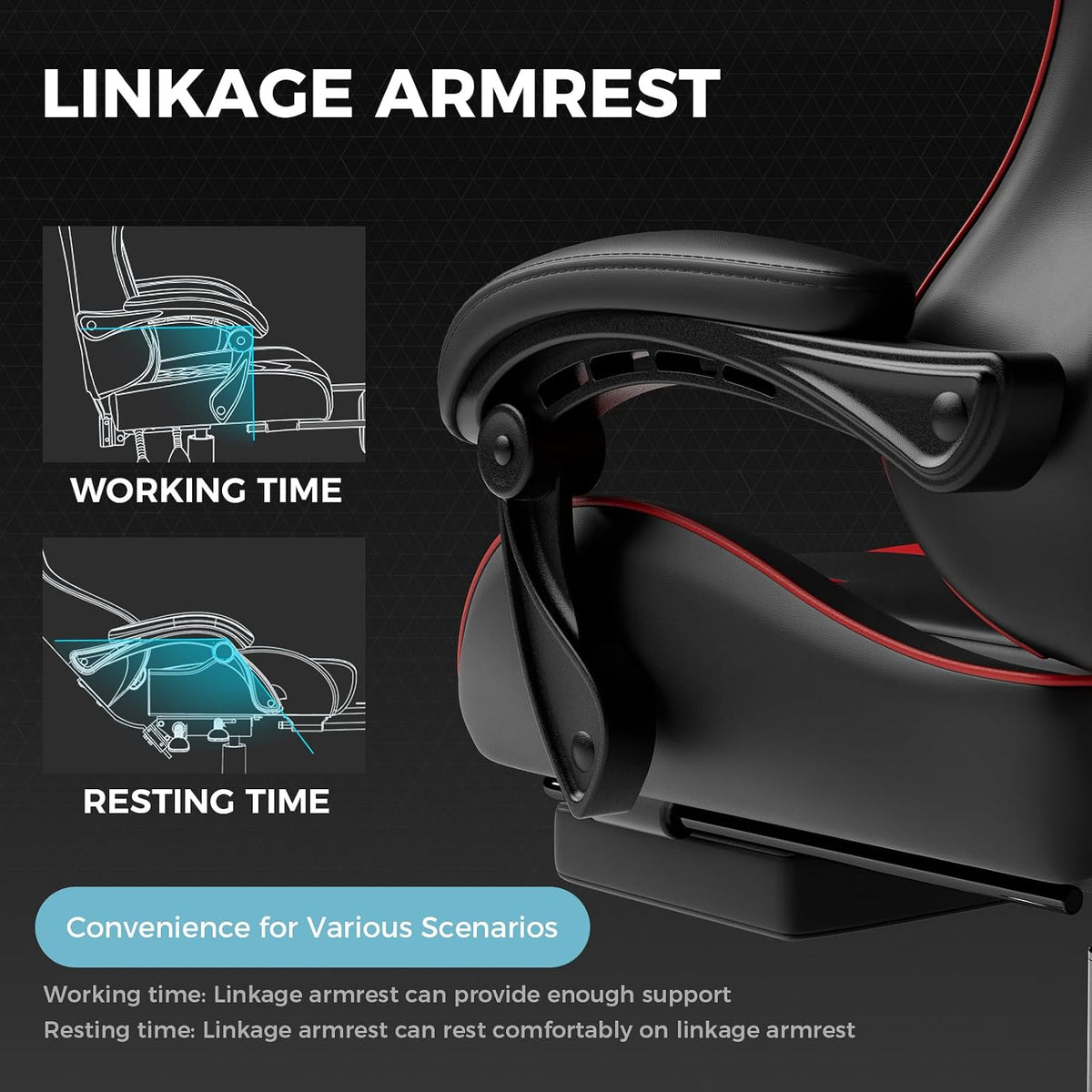 Gaming Chair, Computer Chair with Footrest and Lumbar Support, Height Adjustable Game Chair with 360°-Swivel Seat and Headrest and for Office or Gaming (Faux Leather, Red)