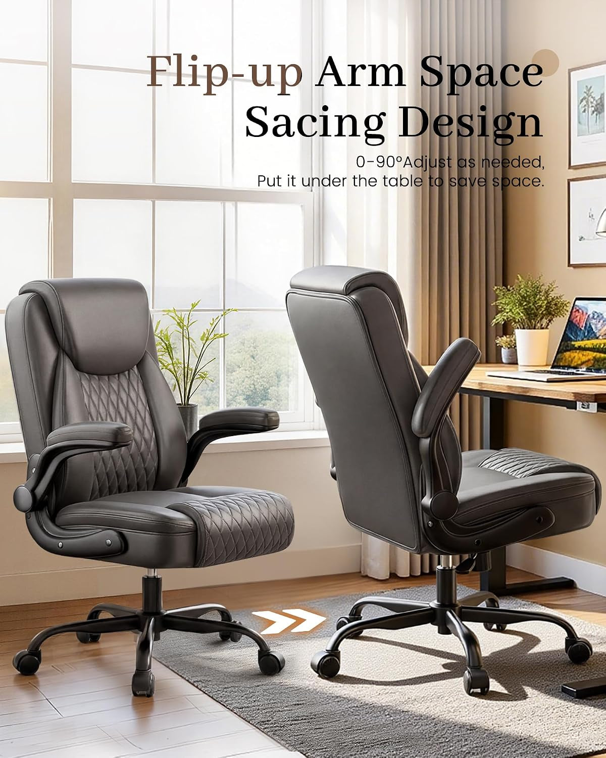 Mid-Back Office Chair, Ergonomic PU Desk Chair with Flip up Arms, Small Computer Gaming with Comfy Lumbar Support,Rocking Function,Sturdy Metal Base, Grey