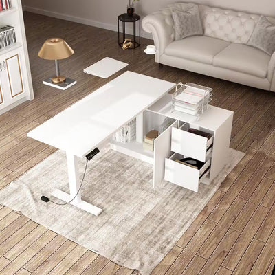 54.3" L-Shaped Adjustable-Height Desk with Pop-Up Design & Cabinet Drawers – White