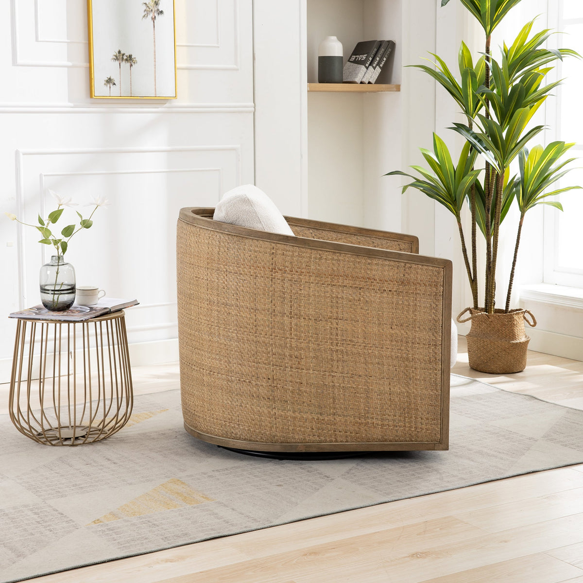 360° Swivel Barrel Accent Chair – Beige Bouclé