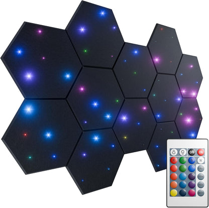 12 Pack Self-Adhesive Sound Proof Foam Panels for Walls 12" X 10" X 0.4" - Hexagon Acoustic Panels with Fiber Optic Starlight, Stylish Soundproof Wall Panels Absorb Noise and Wall Decor Black