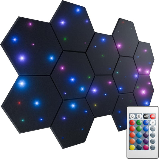12 Pack Self-Adhesive Sound Proof Foam Panels for Walls 12" X 10" X 0.4" - Hexagon Acoustic Panels with Fiber Optic Starlight, Stylish Soundproof Wall Panels Absorb Noise and Wall Decor Black