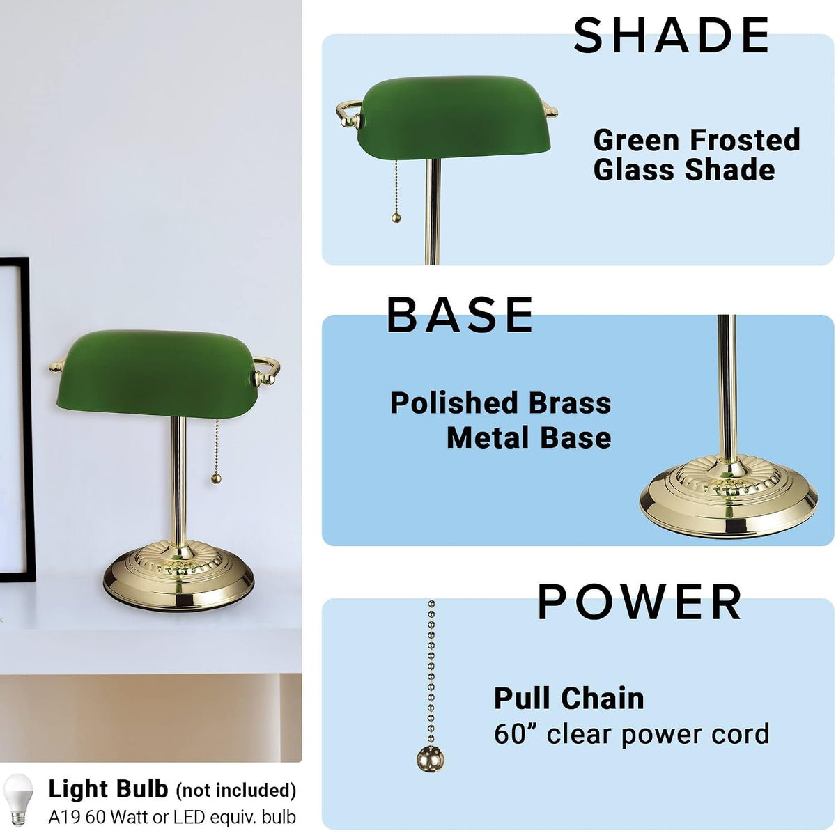 13.5'' Traditional Banker'S Lamp Light Fixture with Green Glass Cylinder Shade for Office, Library, Living Room, or Dorm, Polished Brass