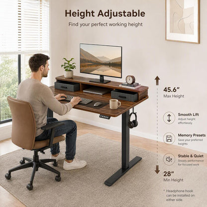 Electric Standing Desk with Two Drawers, Sit to Stand up Height Adjustable Desk with Storage Shelf for Home Office, 47 * 24 Inch, Study, Ergonomic Adjustable Computer Desk, Walnut
