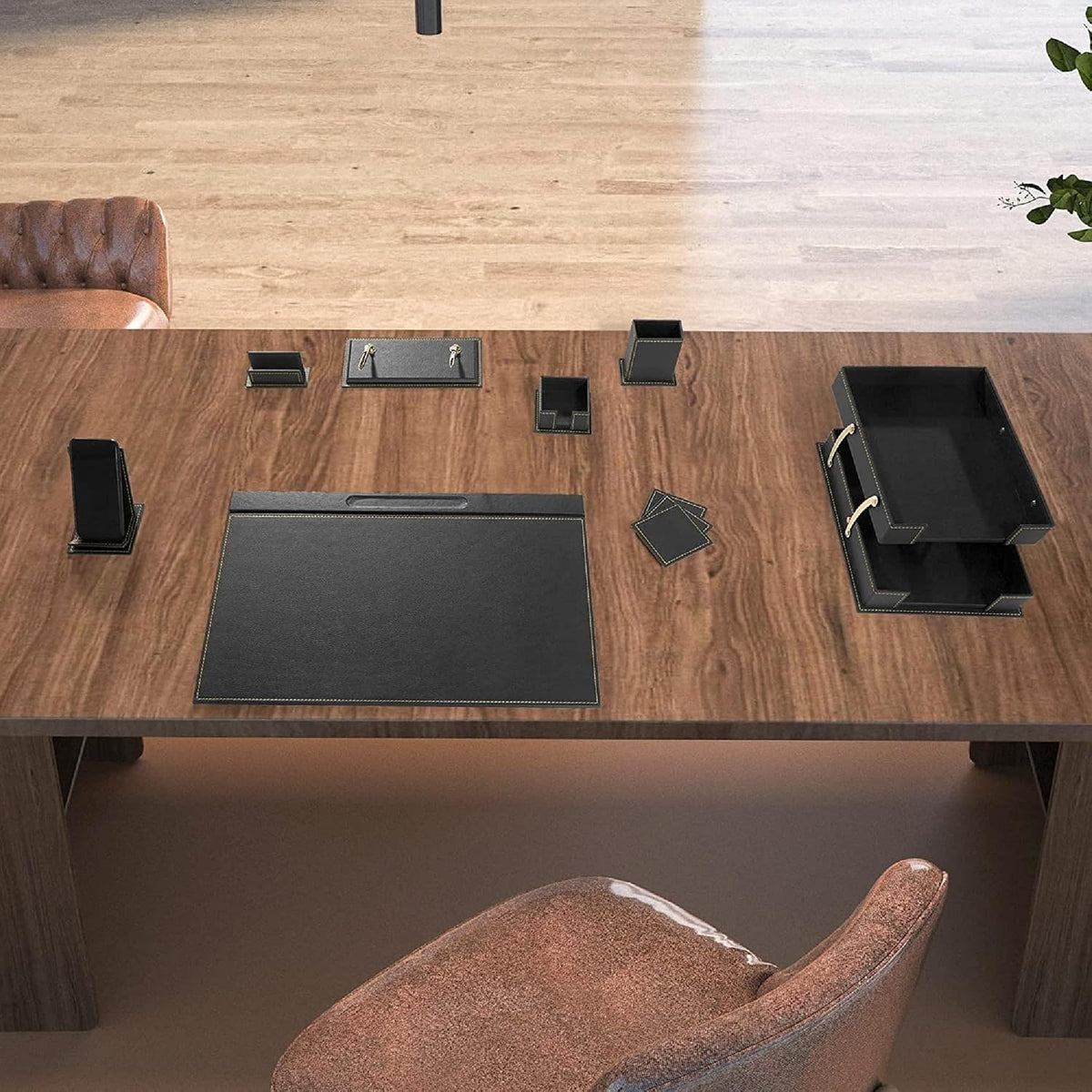 12-Piece Leather Desk Set — Desk Pad 23.2" X 15.4", Double Document Tray, Pen Holder — Desk Organizer Set for Home Office & Executive Desk Accessories