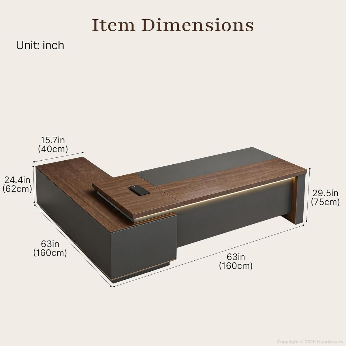 63" Reversible L-Shaped Executive Desk with Power Outlets and Drawers