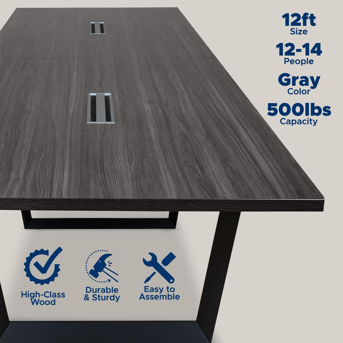 12FT Conference Table with Cable Management Grommets — Modern Rectangle Office Meeting/Boardroom Table with Melamine Wood Top and Metal Frame (Grey)