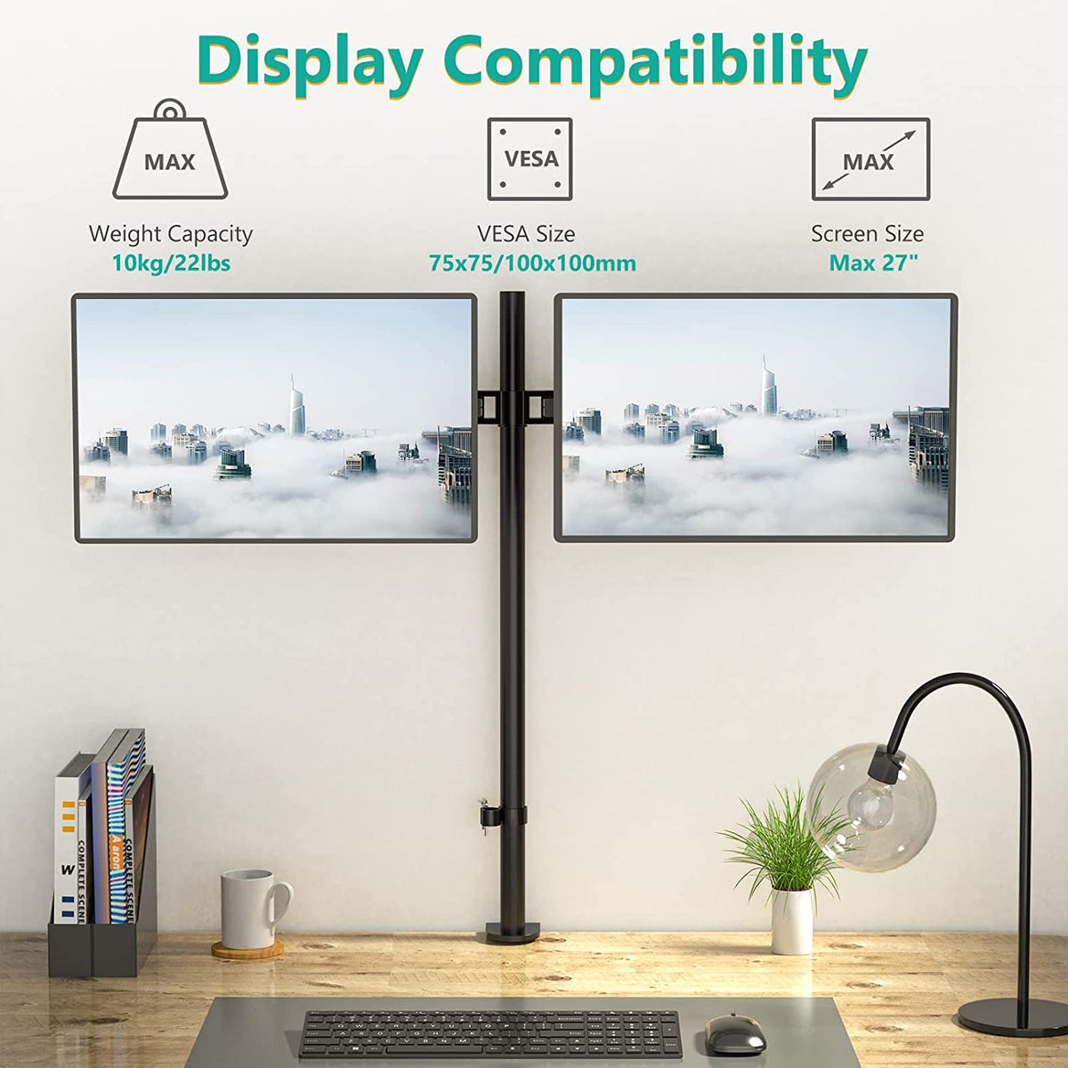 Extra Tall Dual LCD Monitor Fully Adjustable Desk Mount Fits 2 Screens up to 27 Inch, 22 Lbs. Weight Capacity per Arm (M002XL), Black