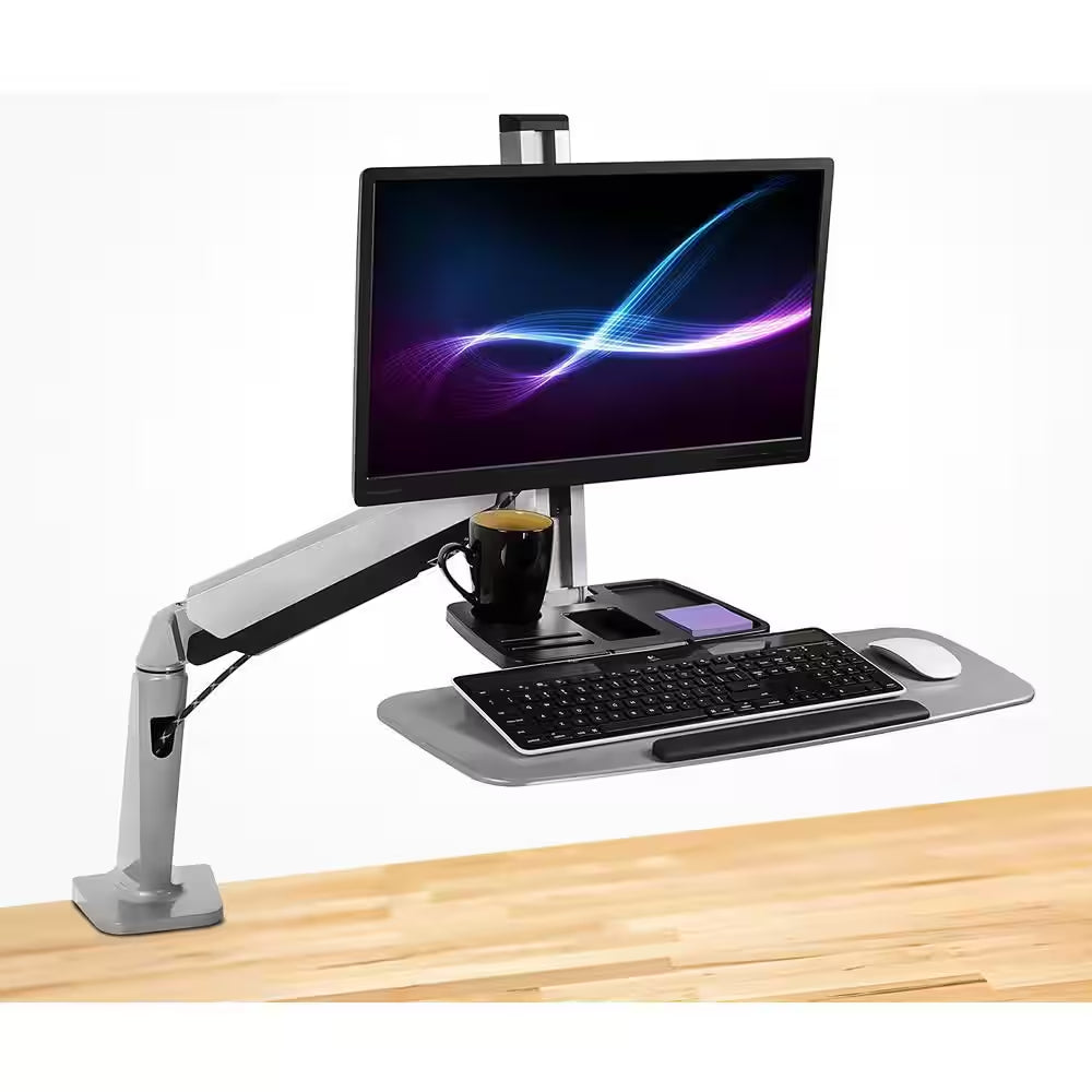 26 In. Silver Workstation for Monitor, Keyboard, Height Adjustable Standing Desk Mount W/Monitor Mount and Keyboard Tray