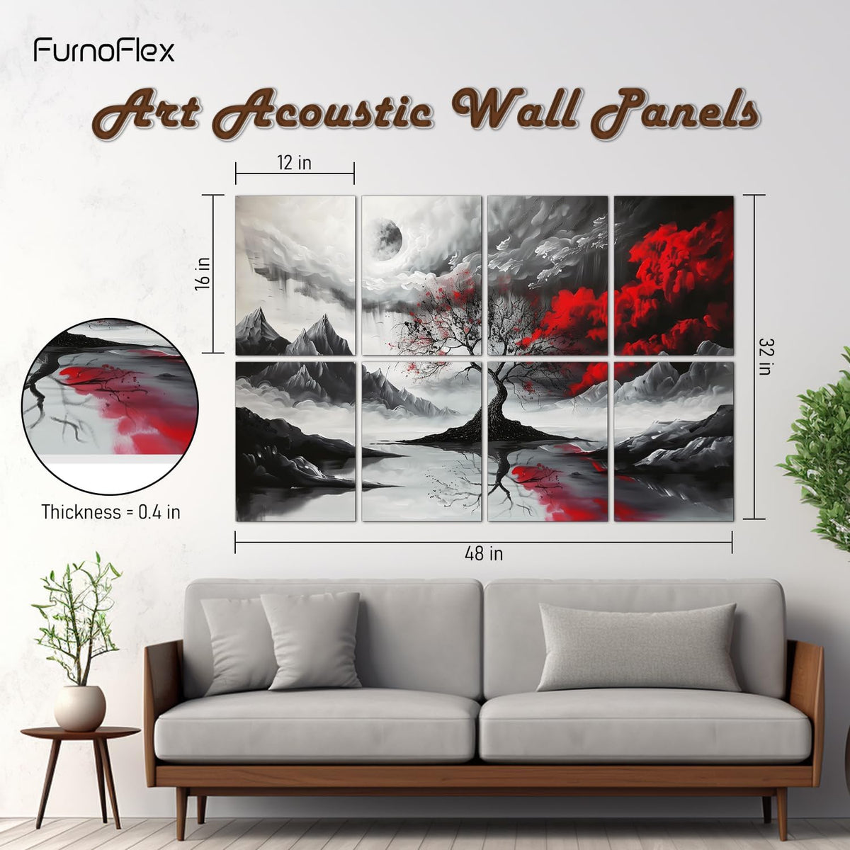 art Acoustic Panels Tiles Decorative Room Sound Proof Foam Absorbing Panels Noise Dampening Canceling Reducing Blocker for Walls (Scarlet Tree, 48 * 32 In)