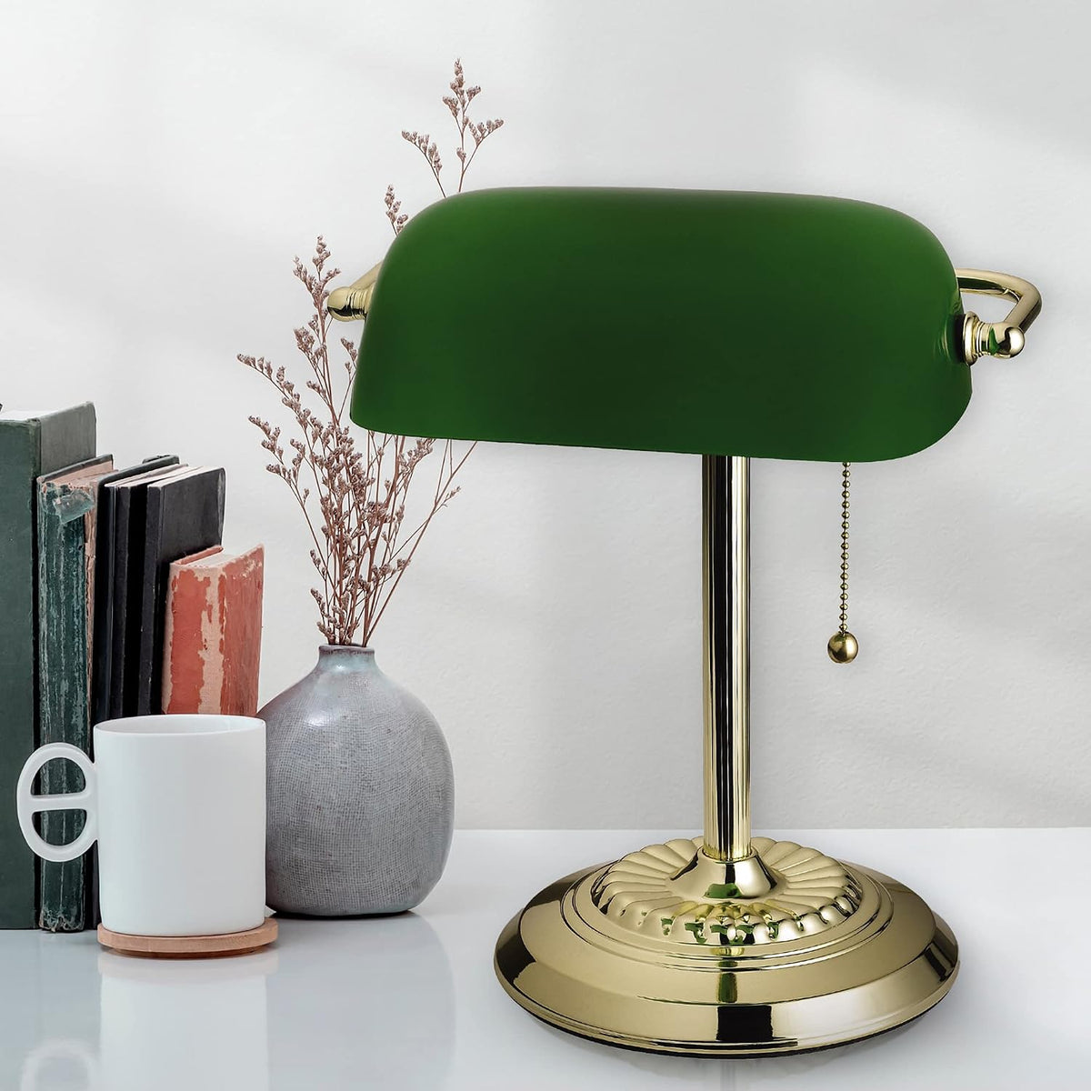 13.5'' Traditional Banker'S Lamp Light Fixture with Green Glass Cylinder Shade for Office, Library, Living Room, or Dorm, Polished Brass