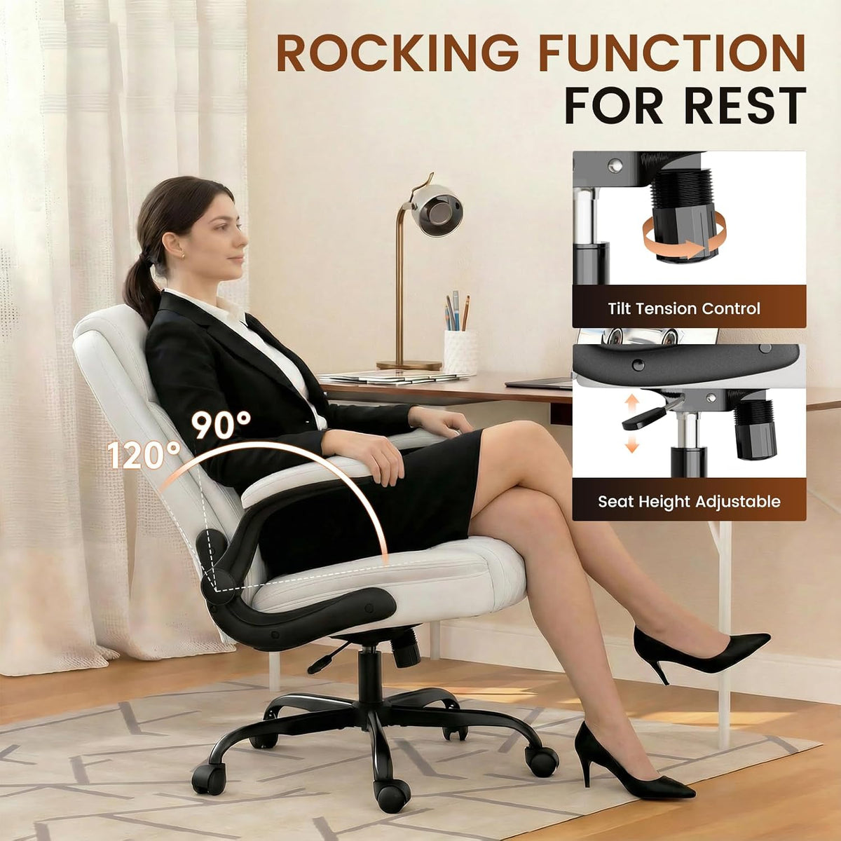 Comfy Office Chair, Home Desk Chair with Flip-Up Armrests and Ergonomic Back - Heavy Duty PU Leather Executive Chair for Office Gaming, White