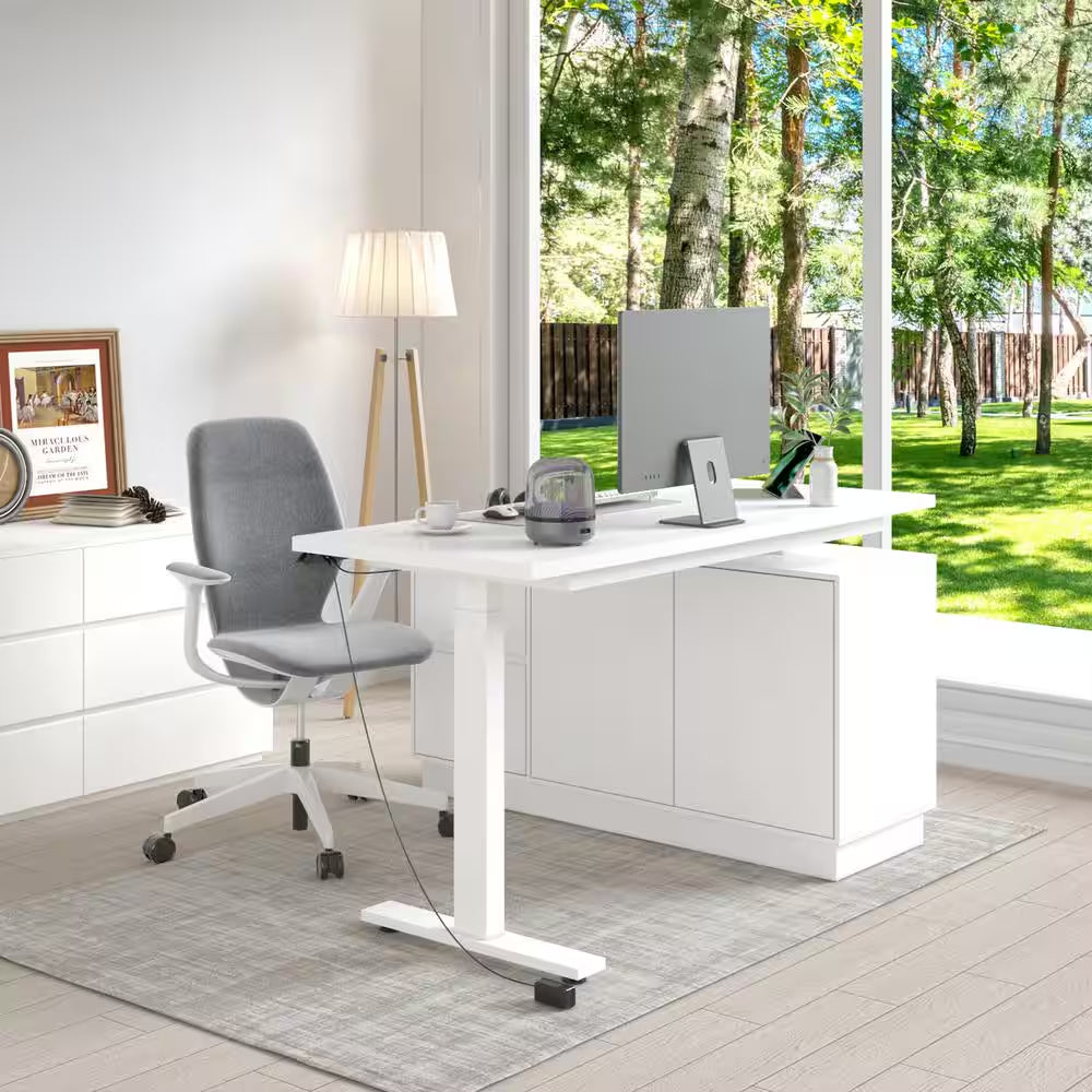 54.3 In. W L-Shaped White Writing Desk Adjustable Height Desk Home Office Workstation with Pop-Up Design Cabinet Drawers
