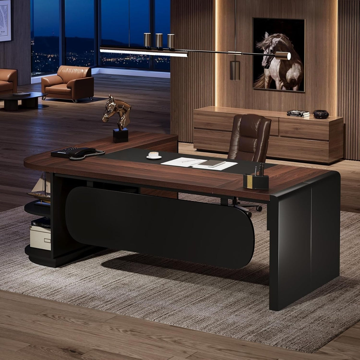 80 Inches Executive Desk, L-Shaped Office Desk with 55 Inches Cabine
