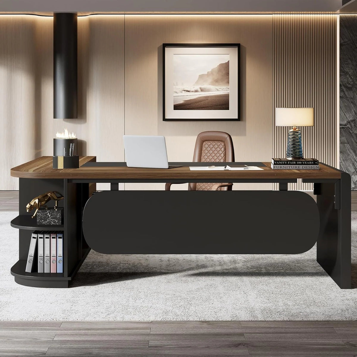 80 Inches Executive Desk, L-Shaped Office Desk with 55 Inches Cabine