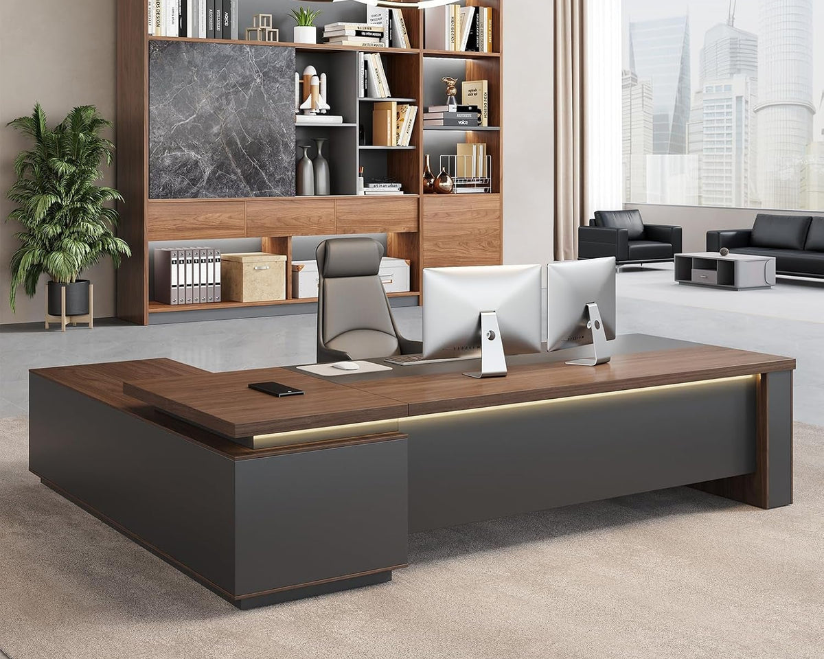 63" Reversible L-Shaped Executive Desk with Power Outlets and Drawers