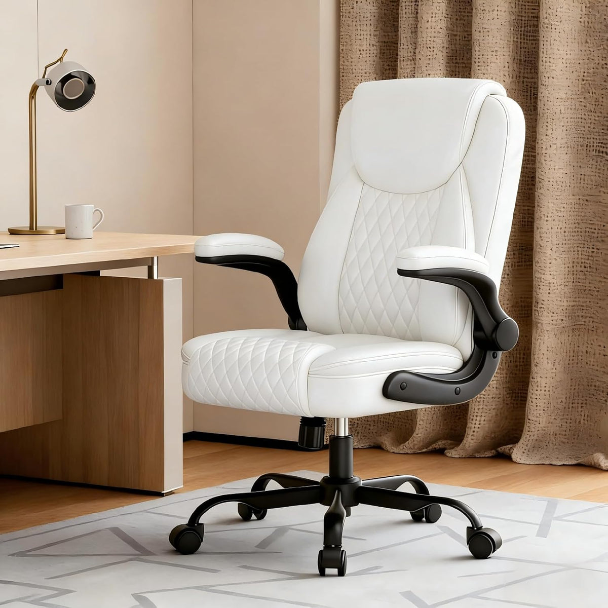 Comfy Office Chair, Home Desk Chair with Flip-Up Armrests and Ergonomic Back - Heavy Duty PU Leather Executive Chair for Office Gaming, White
