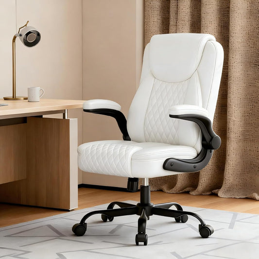 Comfy Office Chair, Home Desk Chair with Flip-Up Armrests and Ergonomic Back - Heavy Duty PU Leather Executive Chair for Office Gaming, White