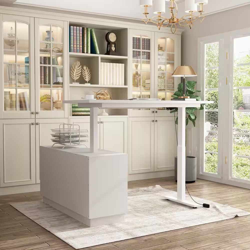 54.3 In. W L-Shaped White Writing Desk Adjustable Height Desk Home Office Workstation with Pop-Up Design Cabinet Drawers