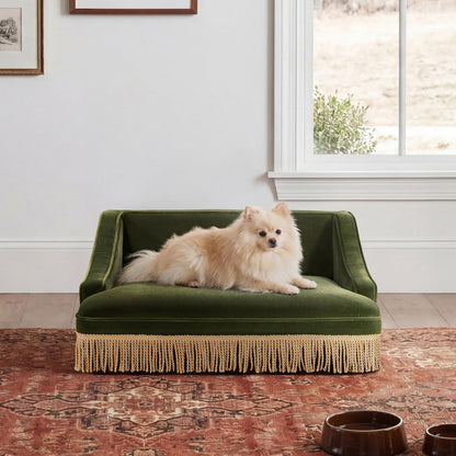 Olive Green Velvet Princess Pet Bed Sofa with Fringe Skirt - Medium