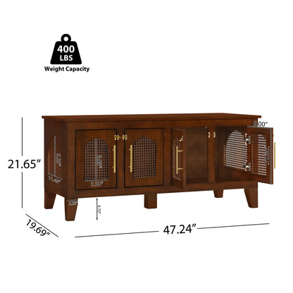 Rattan Dog Crate Cabinet with Rubber Wood Frame - Natural Finish