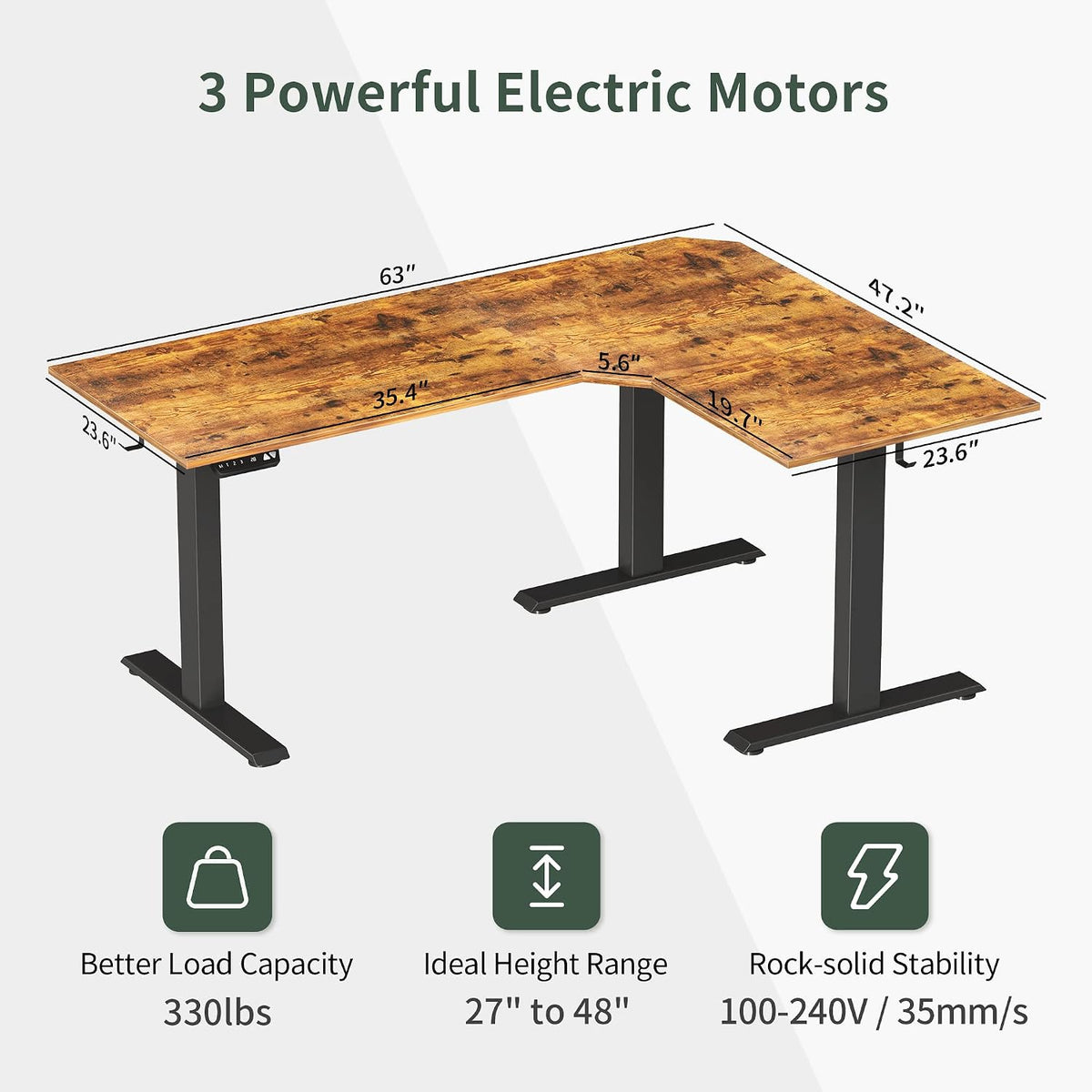 Triple Motor 63" L Shaped Standing Desk, Electric Standing Gaming Desk Adjustable Height, Corner Stand up Desk with Splice Board, Black Frame/Rustic Brown Top
